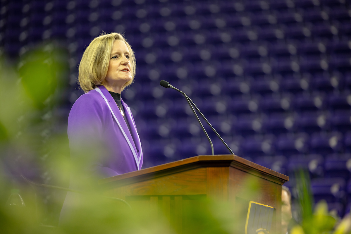 UNI’s new Athletic Director Megan Franklin addresses a crowd in the McLeod Center after the announcement of her appointment.