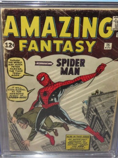 Original cover of “Amazing Fantasy” 15#, where Spider-Man makes his debut appearance. Comic enthusiasts can purchase an original ’62 copy for upwards of $10,000.