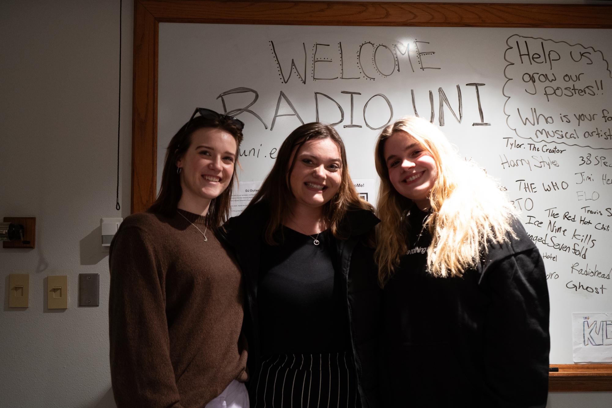 (From left to right) Radio UNI members: Music Director Erin Murphy, General Manager Mikayla Capman, and Radio UNI DJ Danielle Sunseri at the Radio UNI open house hosted on Jan. 28.