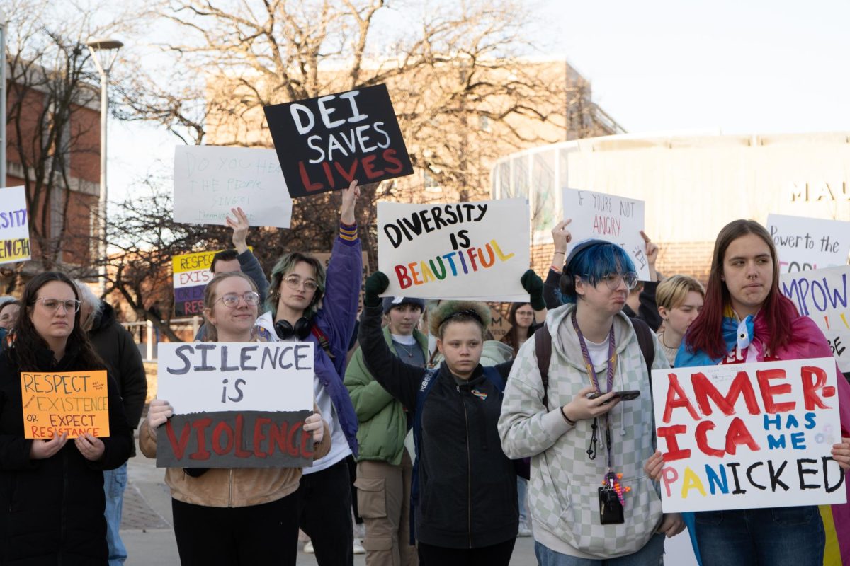 UNI Proud students gathered Jan. 29 to protest recent DEI rollbacks at universities and more. 